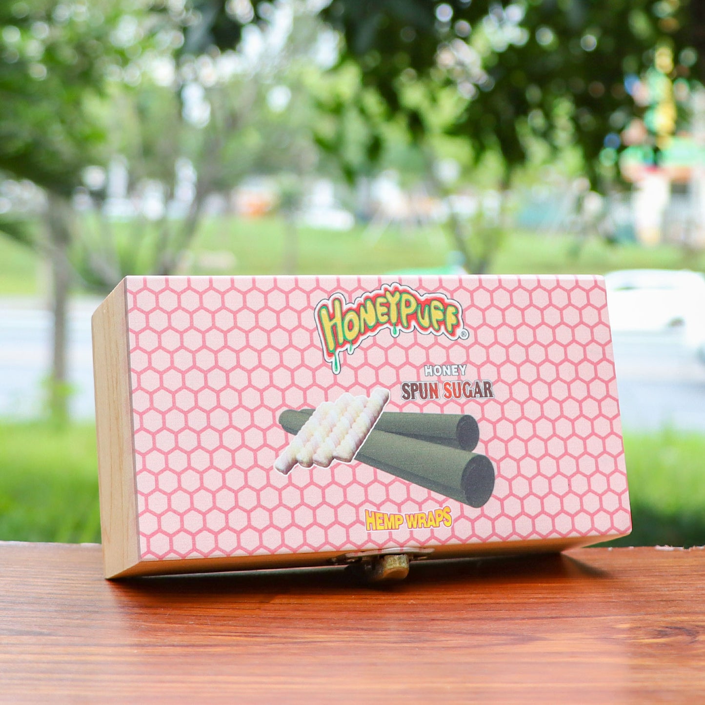 HONEYPUFF Handmade Tobacco Smoking Herb with Pink Lid Cover, Lockable Wooden Box, 5.4” x 2.8” x 2.0” Size Storage Box