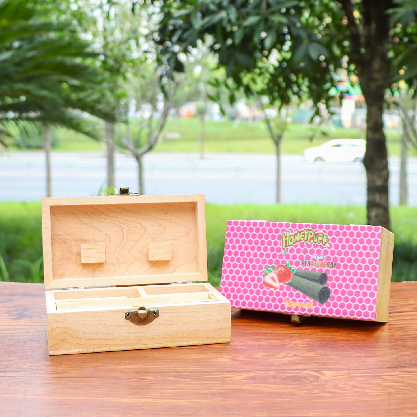 HONEYPUFF Handmade Tobacco Smoking Herb with Dark Pink Lid Cover, Lockable Wooden Box, 5.4” x 2.8” x 2.0” Size Storage Box