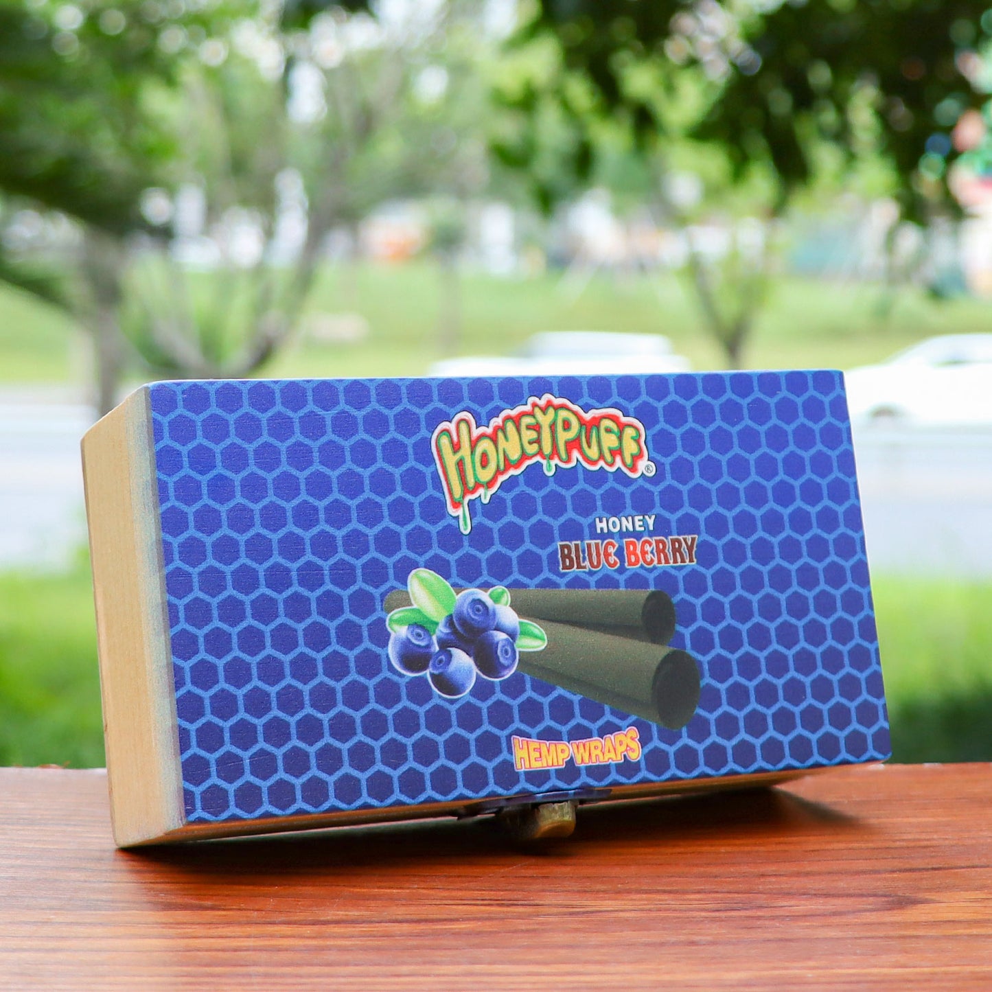 HONEYPUFF Handmade Tobacco Smoking Herb with Dark Blue Lid Cover, Lockable Wooden Box, 5.4” x 2.8” x 2.0” Size Storage Box