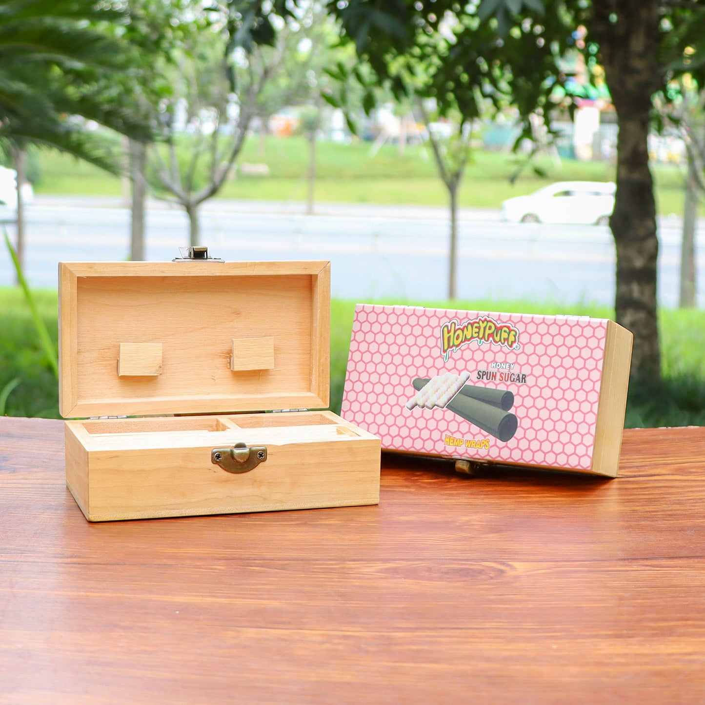 HONEYPUFF Handmade Tobacco Smoking Herb with Pink Lid Cover, Lockable Wooden Box, 5.4” x 2.8” x 2.0” Size Storage Box