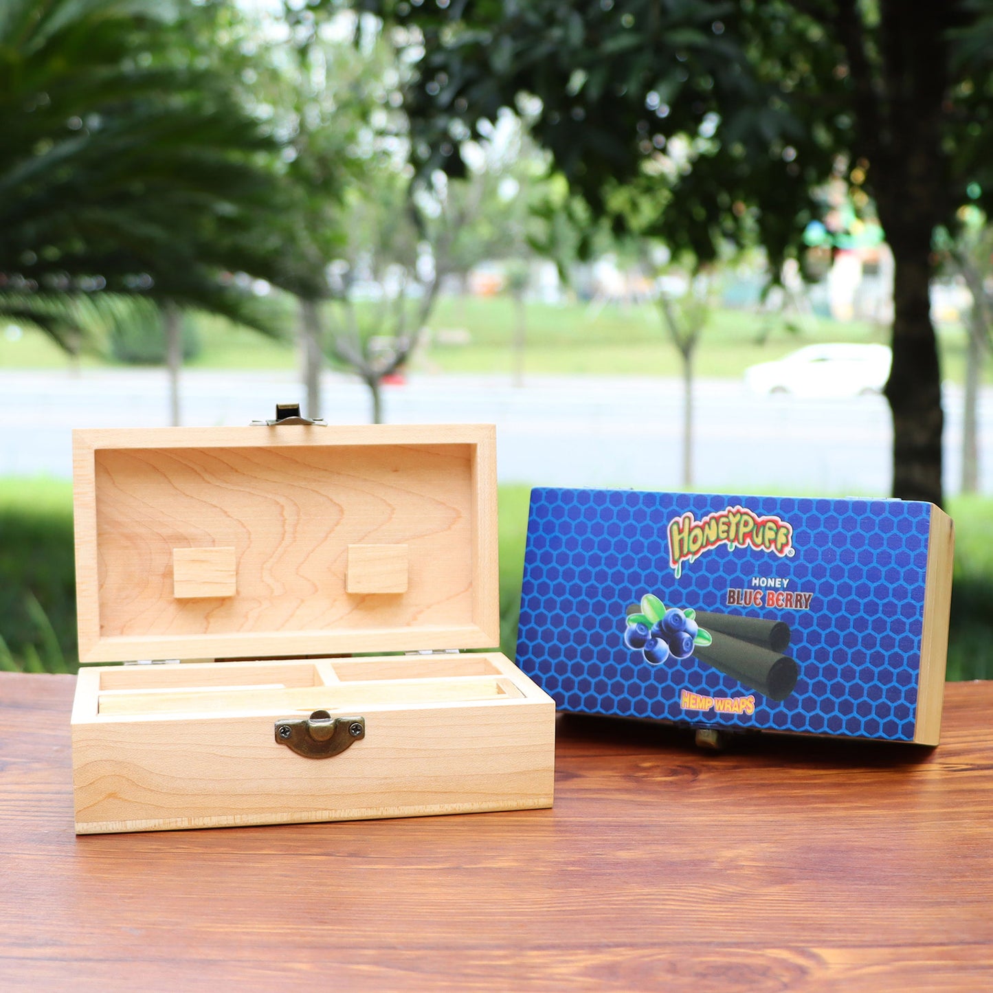 HONEYPUFF Handmade Tobacco Smoking Herb with Dark Blue Lid Cover, Lockable Wooden Box, 5.4” x 2.8” x 2.0” Size Storage Box