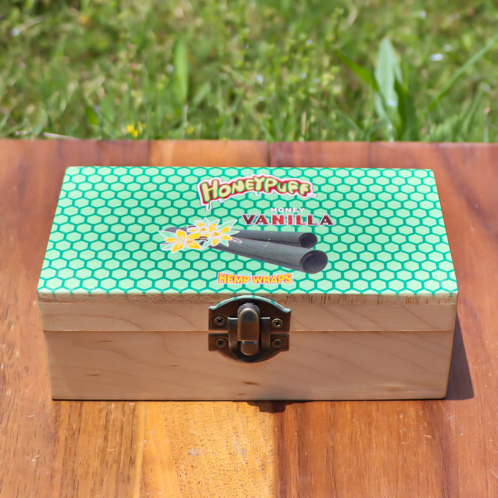HONEYPUFF Handmade Tobacco Smoking Herb with Green Lid Cover, Lockable Wooden Box, 5.4” x 2.8” x 2.0” Size Storage Box