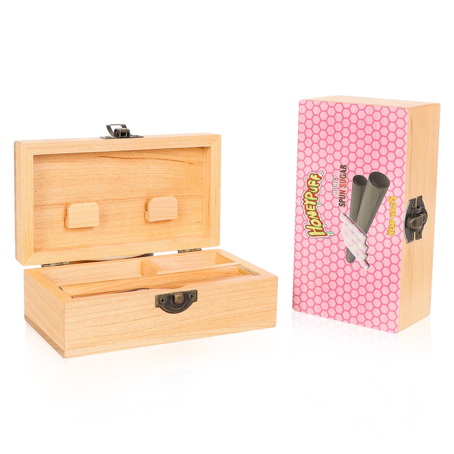 HONEYPUFF Handmade Tobacco Smoking Herb with Pink Lid Cover, Lockable Wooden Box, 5.4” x 2.8” x 2.0” Size Storage Box