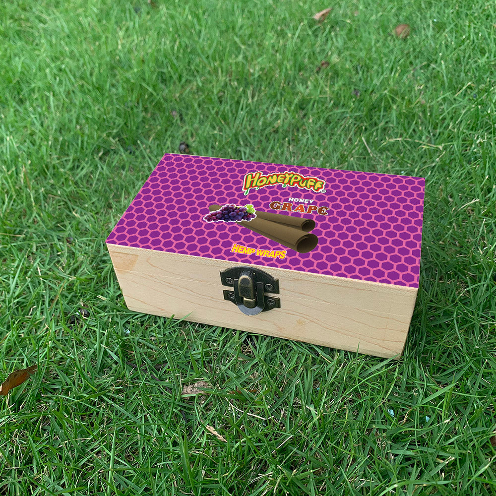 HONEYPUFF Handmade Tobacco Smoking Herb with Purple Lid Cover, Lockable Wooden Box, 5.4” x 2.8” x 2.0” Size Storage Box