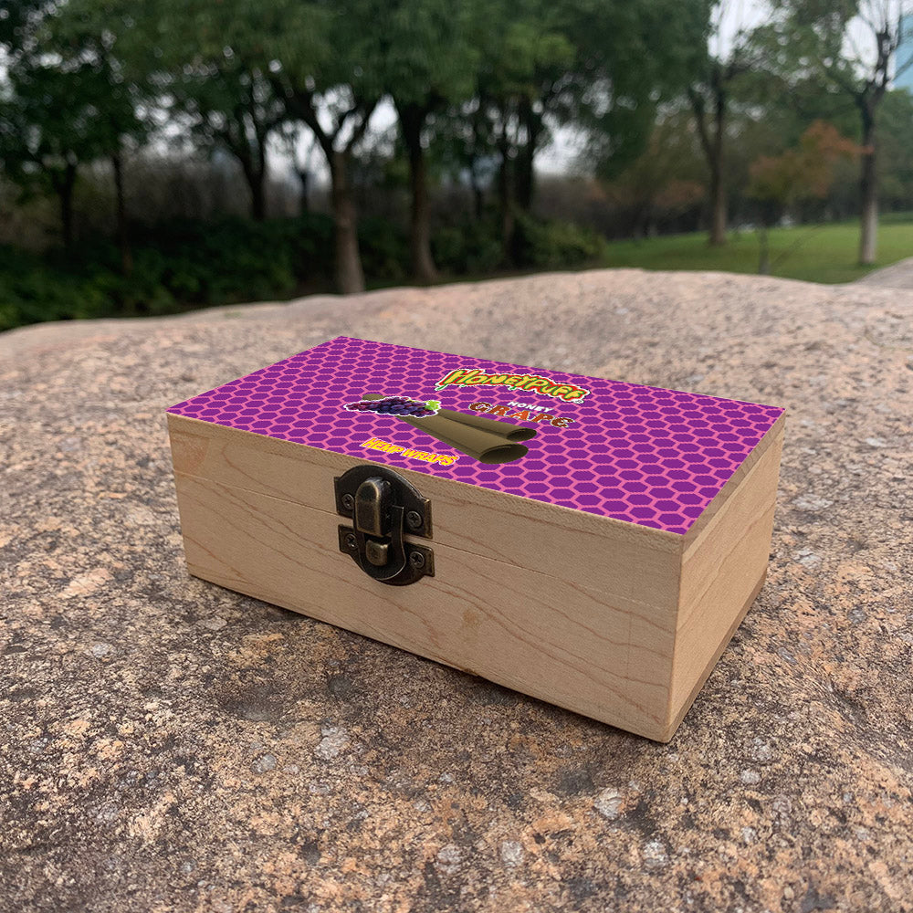 HONEYPUFF Handmade Tobacco Smoking Herb with Purple Lid Cover, Lockable Wooden Box, 5.4” x 2.8” x 2.0” Size Storage Box