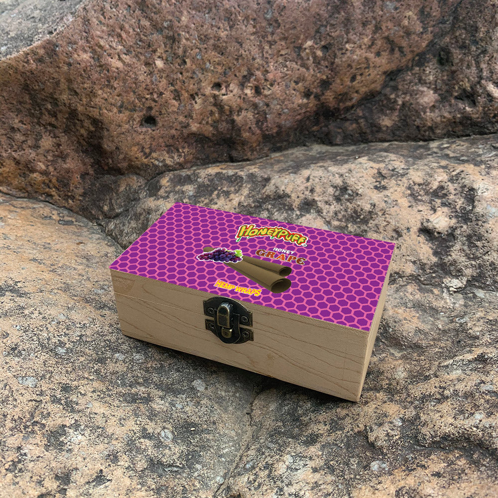 HONEYPUFF Handmade Tobacco Smoking Herb with Purple Lid Cover, Lockable Wooden Box, 5.4” x 2.8” x 2.0” Size Storage Box