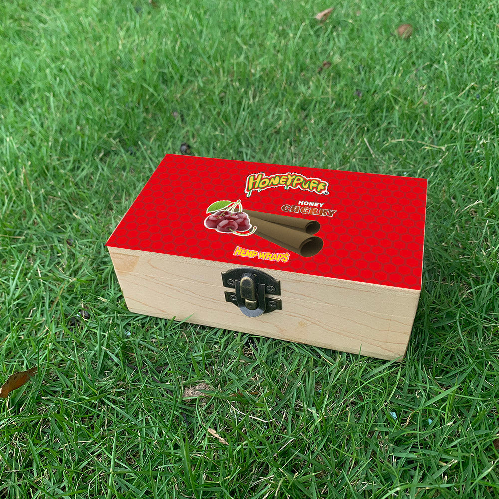 HONEYPUFF Handmade Tobacco Smoking Herb with Red Lid Cover, Lockable Wooden Box, 5.4” x 2.8” x 2.0” Size Storage Box