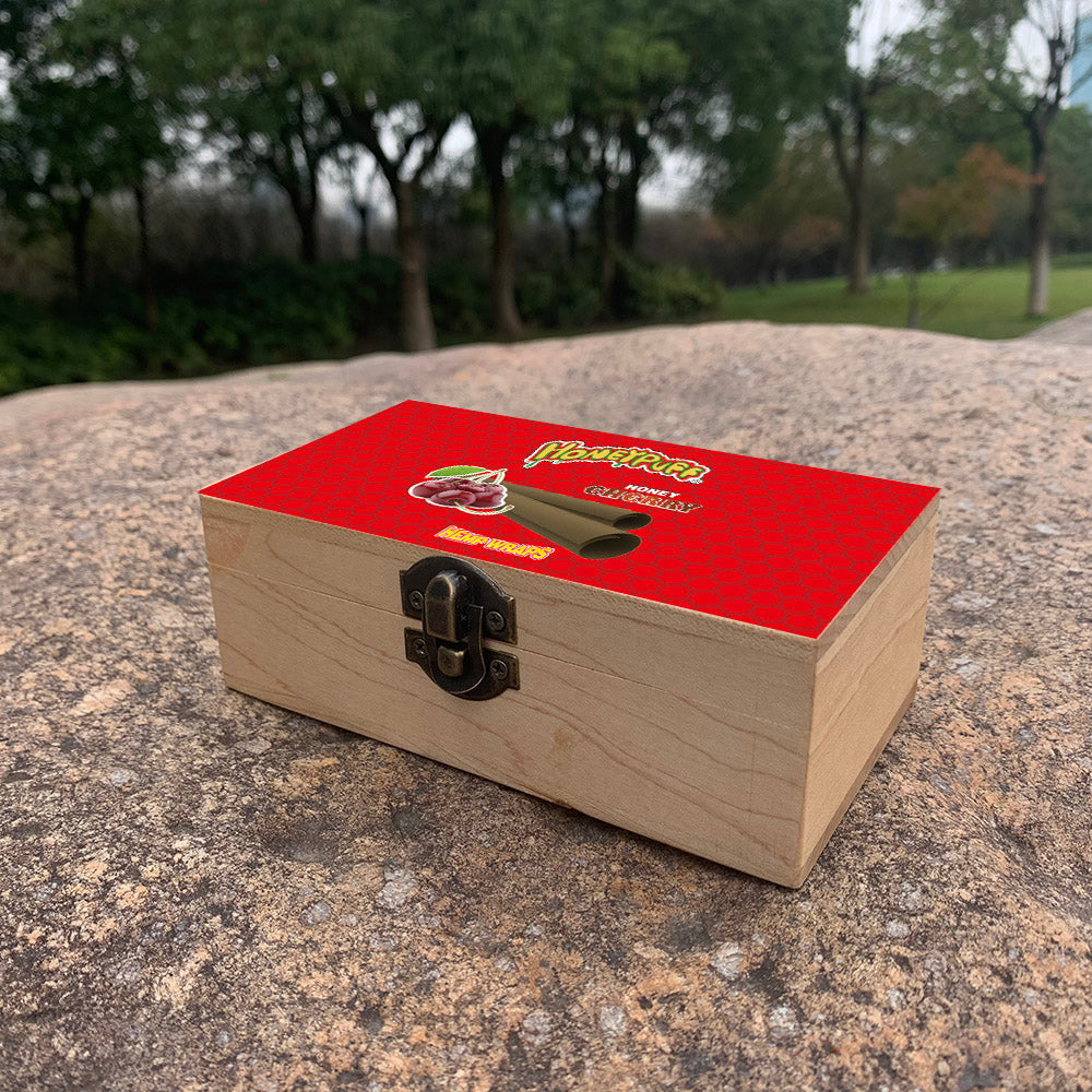HONEYPUFF Handmade Tobacco Smoking Herb with Red Lid Cover, Lockable Wooden Box, 5.4” x 2.8” x 2.0” Size Storage Box