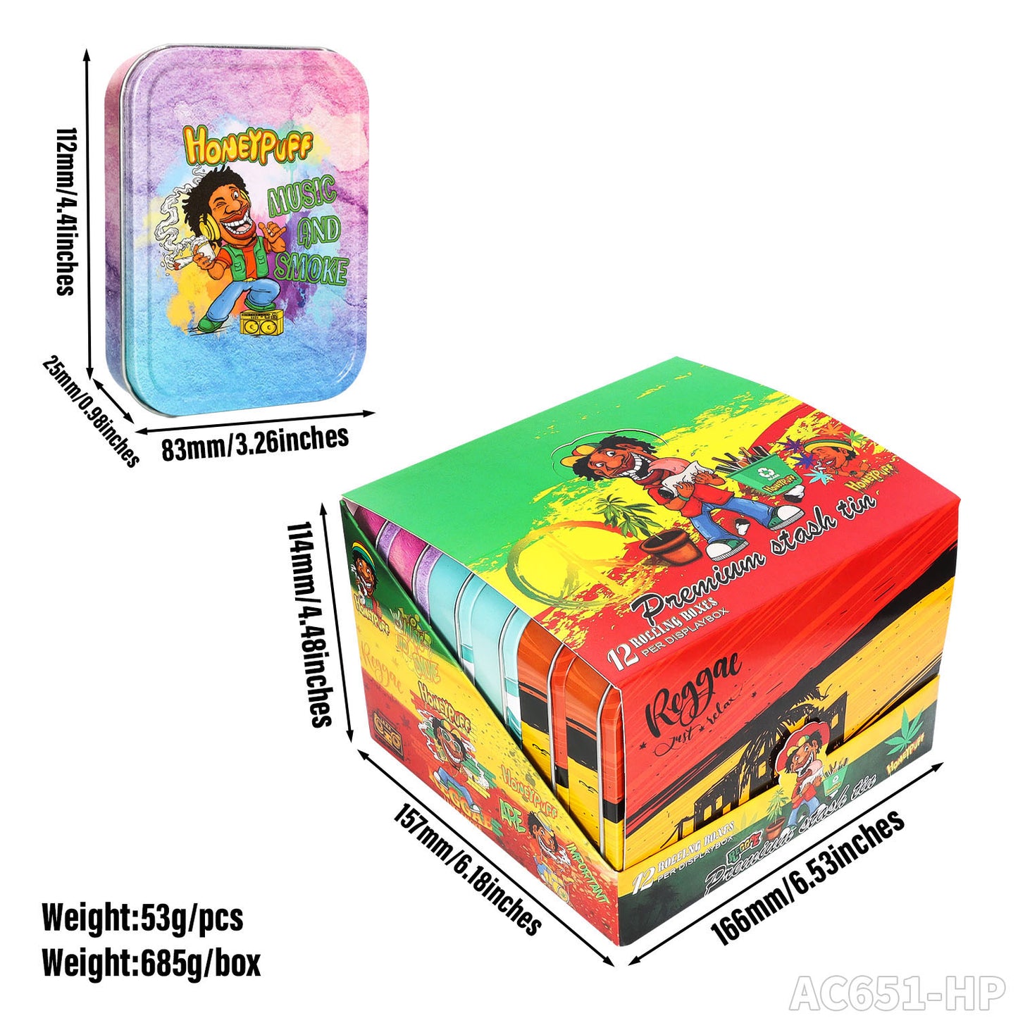 Boîte à tabac portable en fer blanc Honeypuff 102 x 83 mm, boîte à herbes multicolore, accessoires pour cigarettes