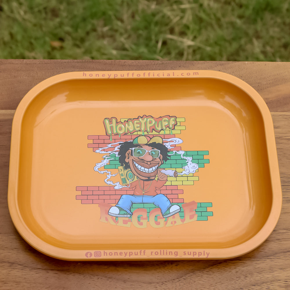 HONEYPUFF Orange Color Tinplate Metal Rolling Tray, 7” x 5.5” Size Portable Cigarette Rolling Paper Tray, Smooth Rounded Edge Rolling Paper Tray