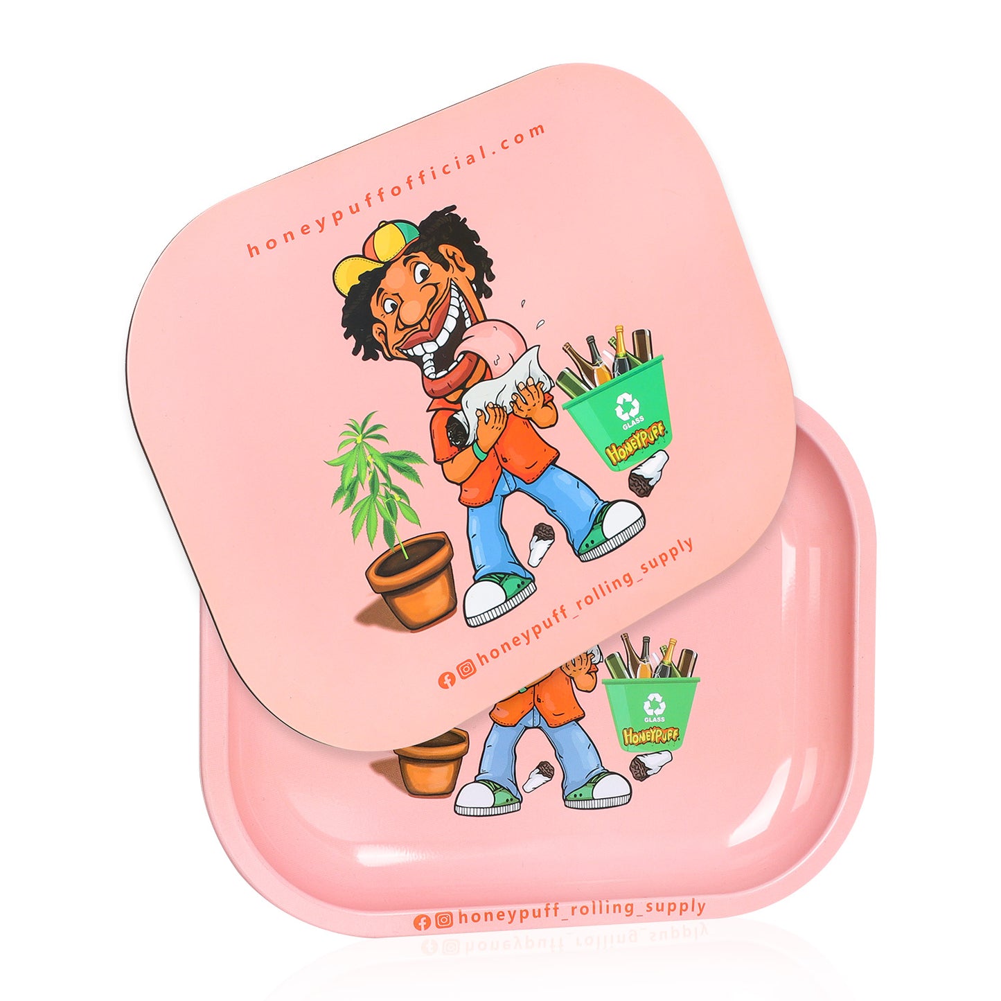 HONEYPUFF Pink Color Tinplate Metal Rolling Tray, 7” x 5.5” Size Portable Cigarette Rolling Paper Tray, Smooth Rounded Edge Rolling Paper Tray