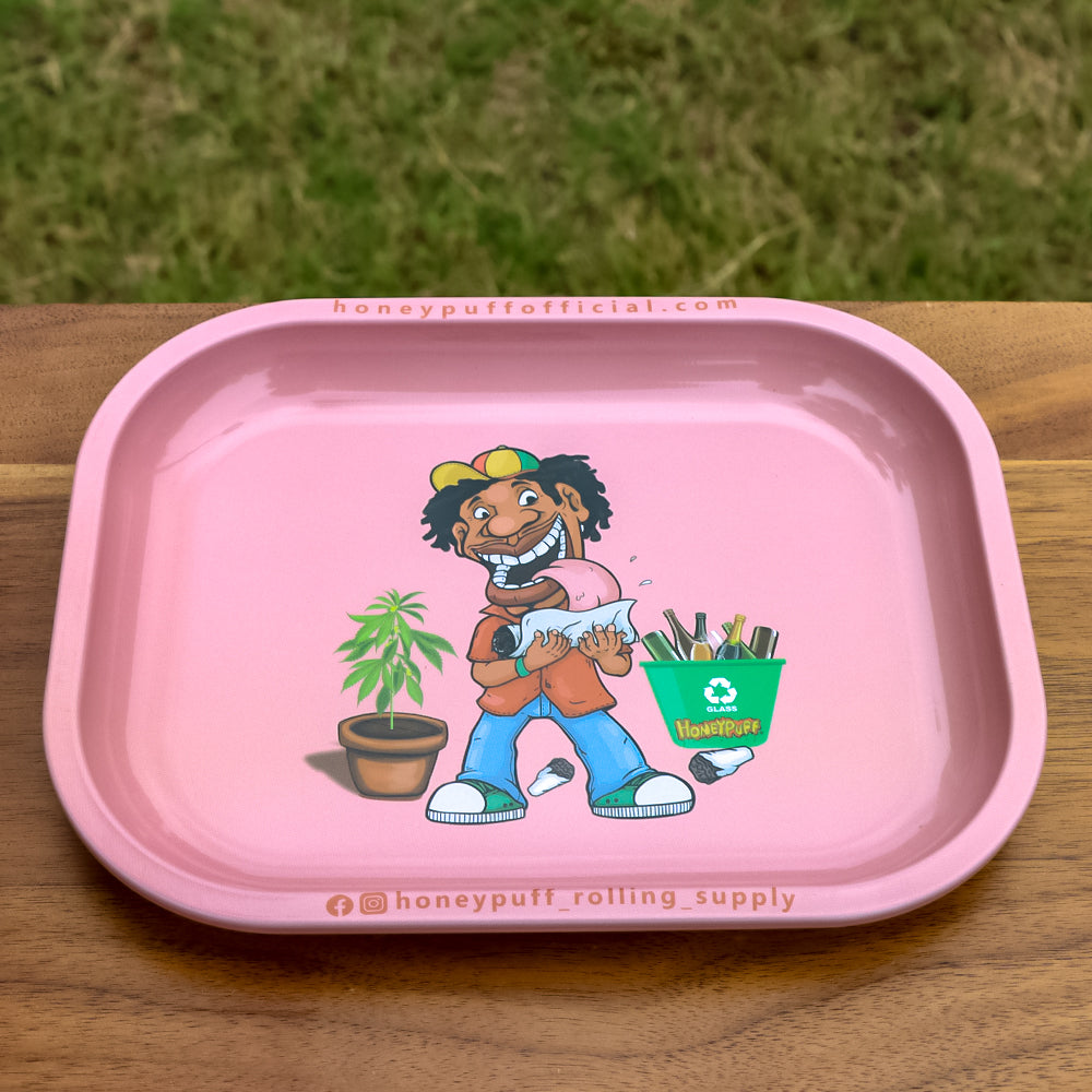 HONEYPUFF Pink Color Tinplate Metal Rolling Tray, 7” x 5.5” Size Portable Cigarette Rolling Paper Tray, Smooth Rounded Edge Rolling Paper Tray