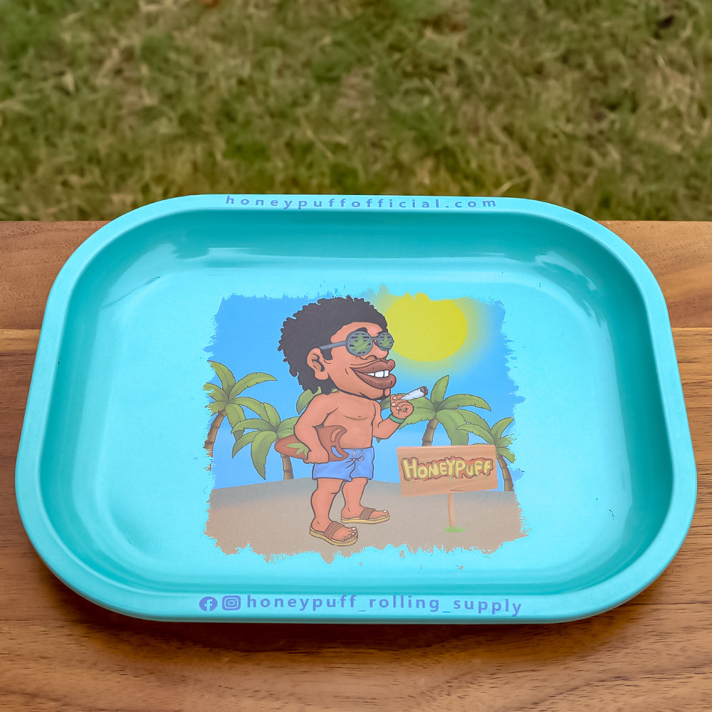HONEYPUFF Blue Color Tinplate Metal Rolling Tray, 7” x 5.5” Size Portable Cigarette Rolling Paper Tray, Smooth Rounded Edge Rolling Paper Tray