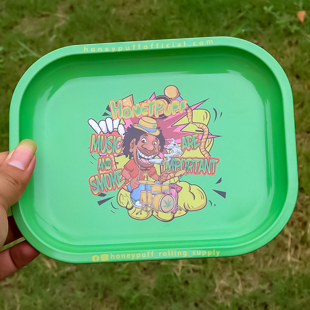 HONEYPUFF Green Color Tinplate Metal Rolling Tray, 7” x 5.5” Size Portable Cigarette Rolling Paper Tray, Smooth Rounded Edge Rolling Paper Tray