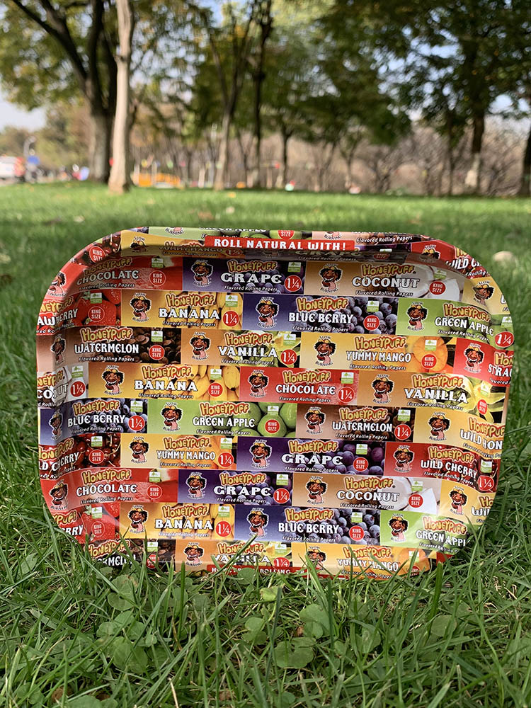 HONEYPUFF Tinplate Metal Rolling Tray, Large Size 10.6” x 6.3” Cigarette Rolling Paper, Smooth Rounded Edge Rolling Paper Trays