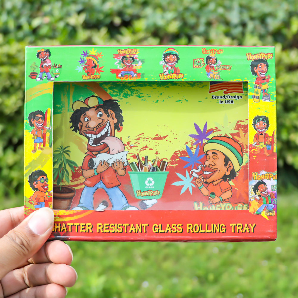 HONEYPUFF Glass Rolling Tray, Shatter Resistant Cigarette Rolling Tray, Rasta Style Rolling Paper Tray, 6.3” x 4.7” Size Cigarette Rolling Tray