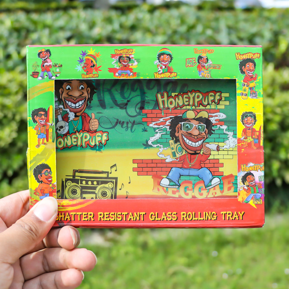 HONEYPUFF Glass Rolling Tray, Shatter Resistant Cigarette Rolling Tray, Rasta Style Rolling Paper Tray, 6.3” x 4.7” Size Cigarette Rolling Tray