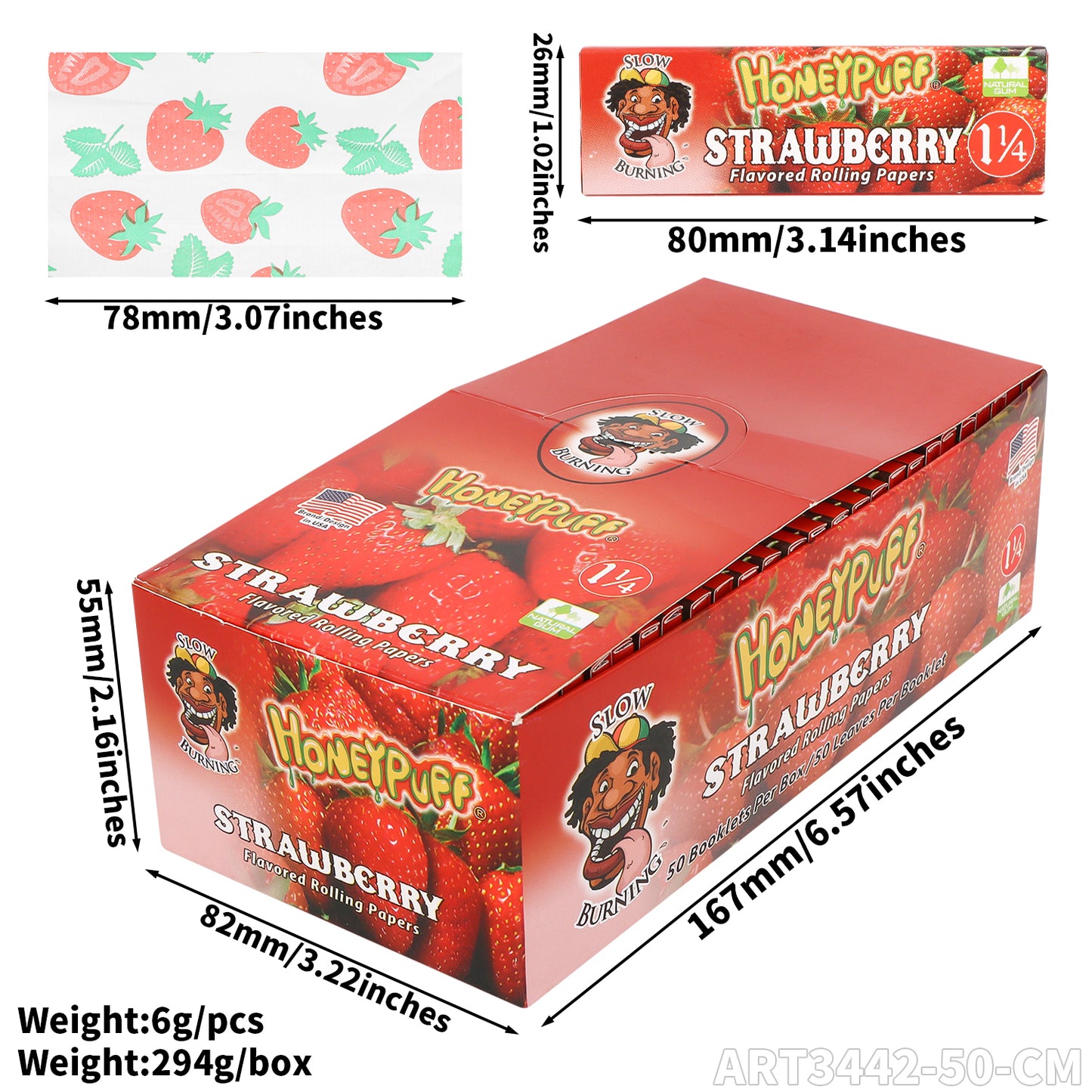 HONEYPUFF 1 1/4 Size Strawberry Flavored Rolling Papers, Slow Burning Cigarette Rolling Papers (50 PCS)