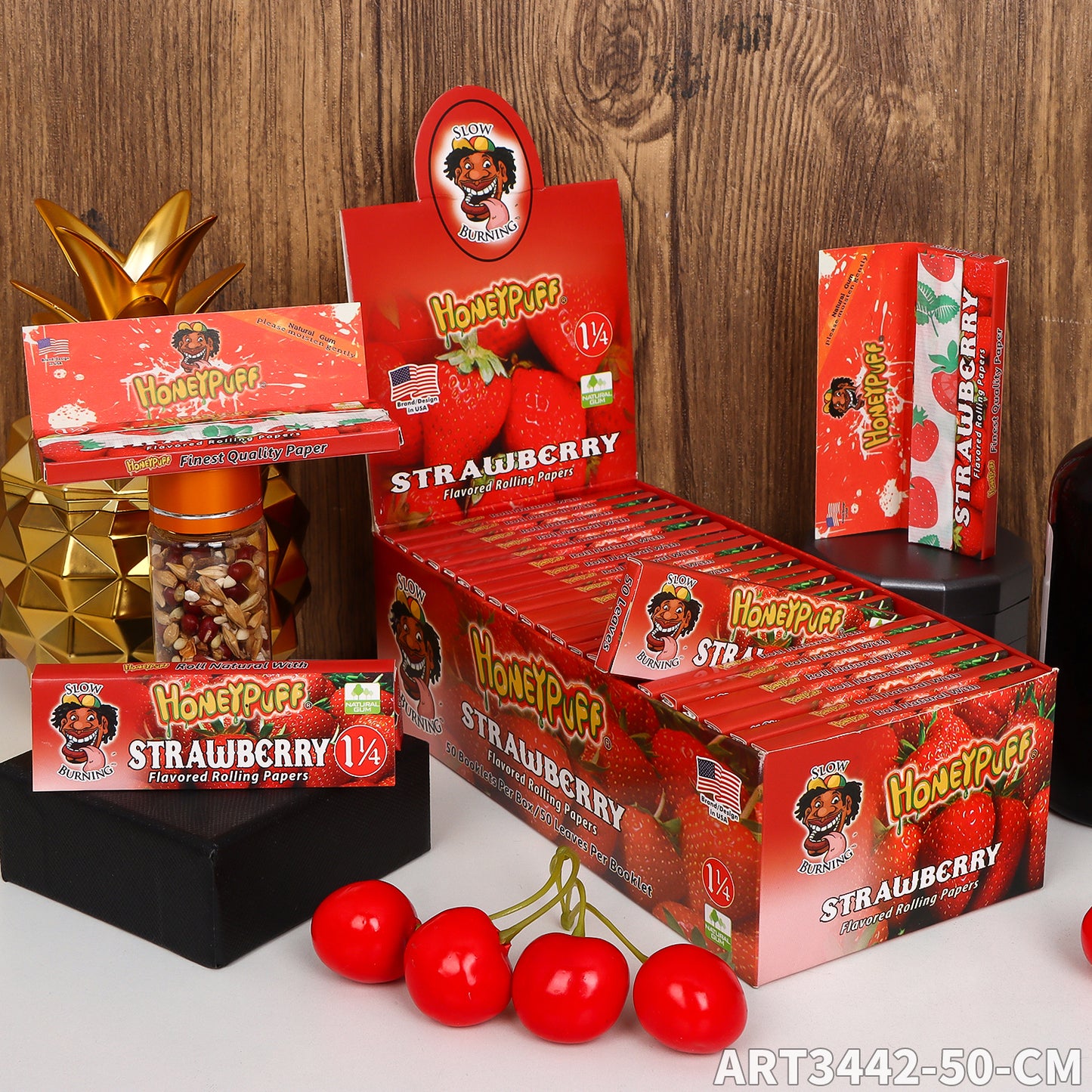 HONEYPUFF 1 1/4 Size Strawberry Flavored Rolling Papers, Slow Burning Cigarette Rolling Papers (50 PCS)