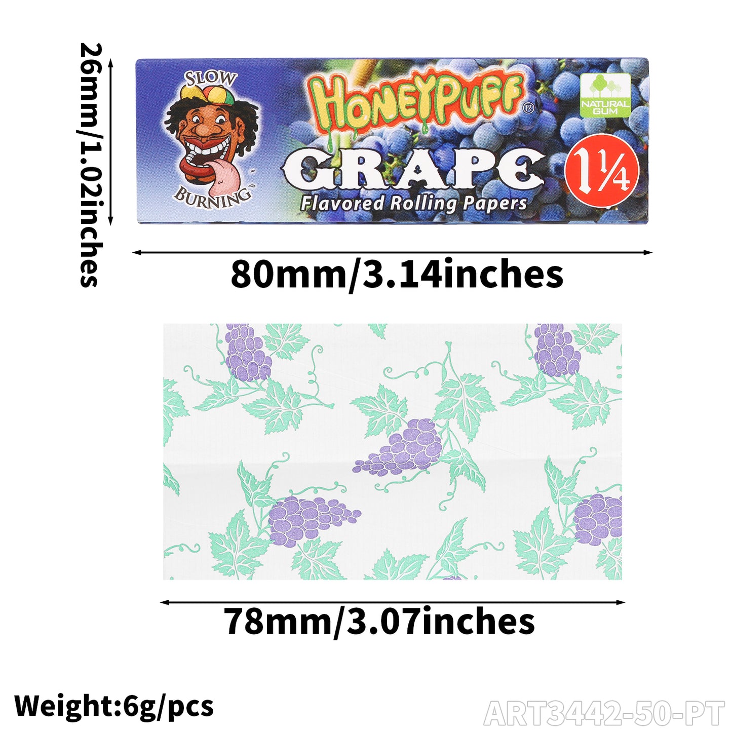 HONEYPUFF 1 1/4 Size grape Flavored Rolling Papers, Slow Burning Cigarette Rolling Papers (50 PCS)
