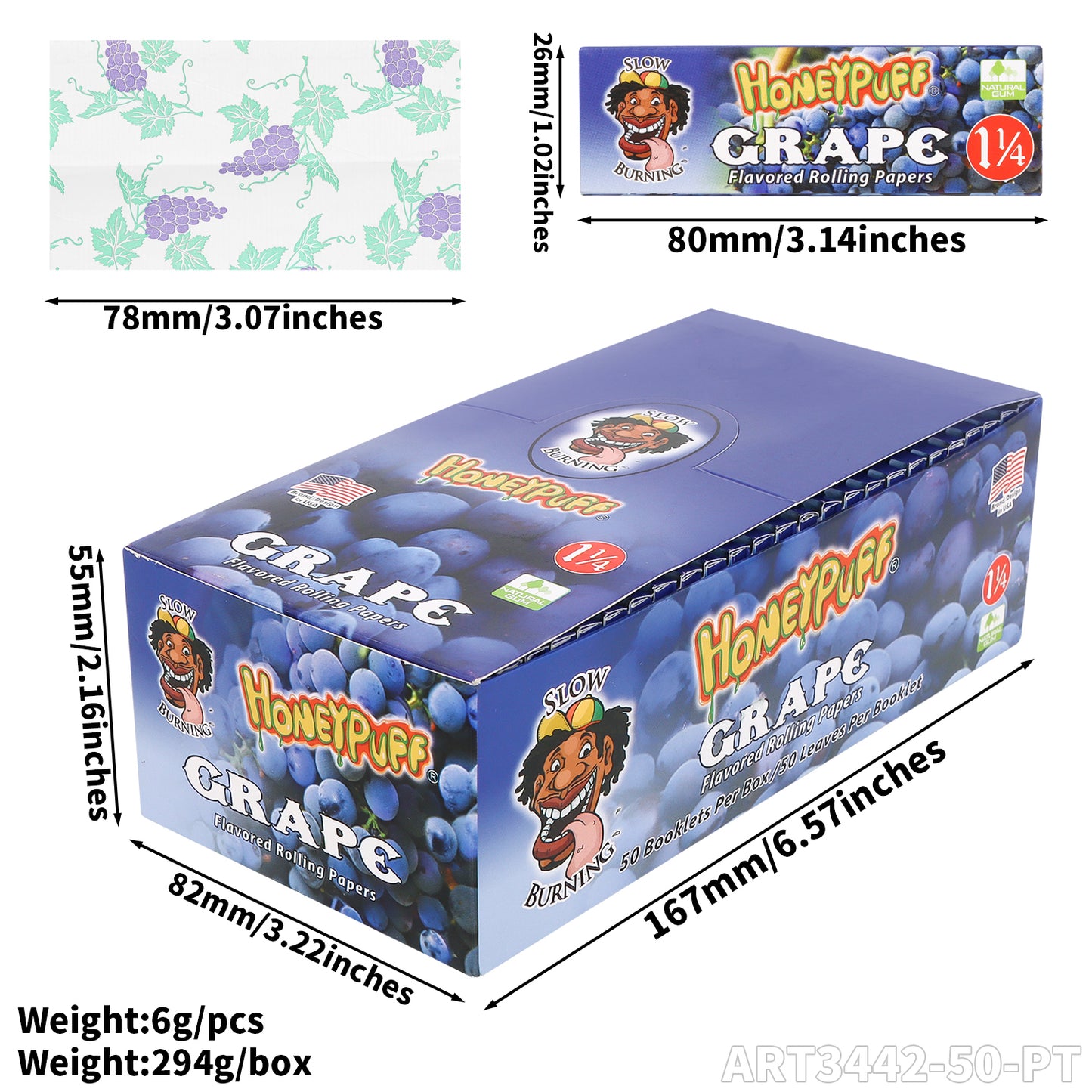 HONEYPUFF 1 1/4 Size grape Flavored Rolling Papers, Slow Burning Cigarette Rolling Papers (50 PCS)