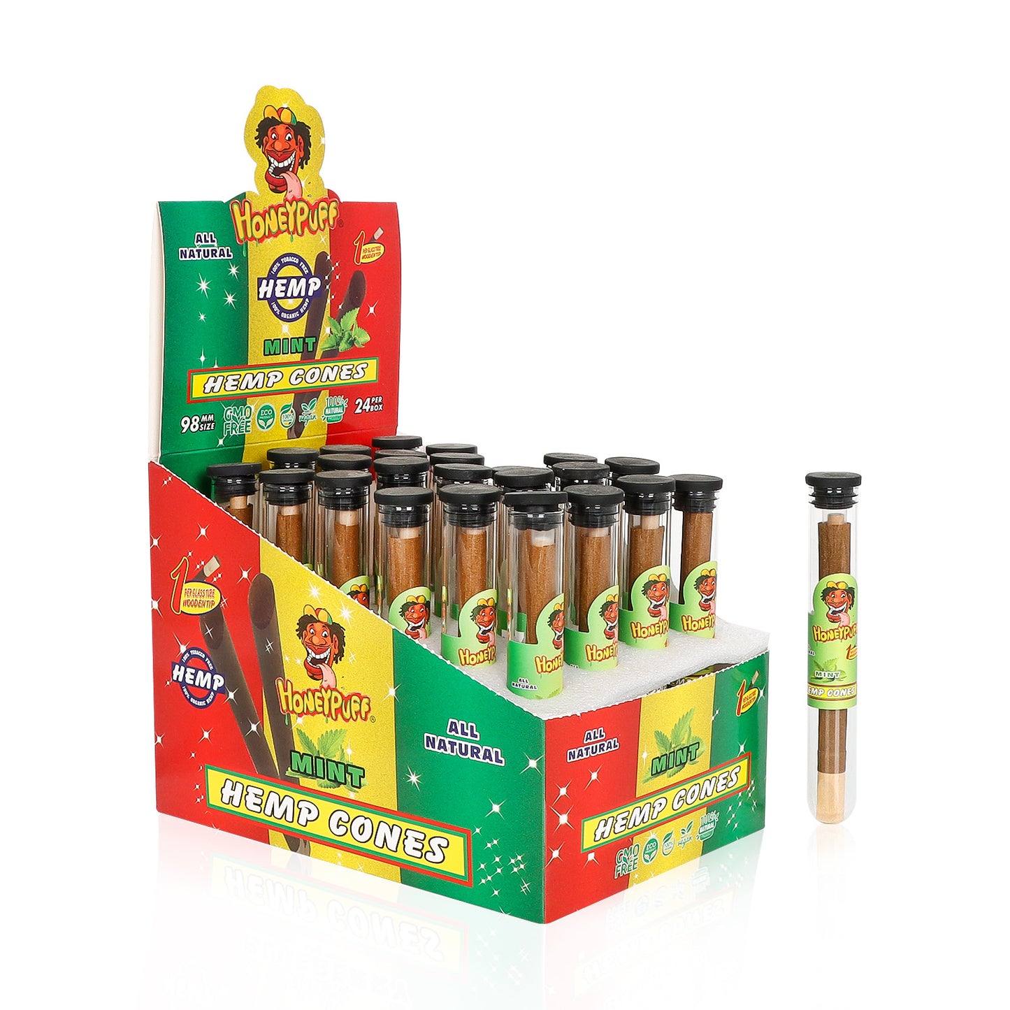 HONEYPUFF 98 mm Mint Flavored Pre Rolled Cones, Wood Tips Rolling Cones & Glass Cigarette Holder, 1 PCS /Tube 24Tubes / Box