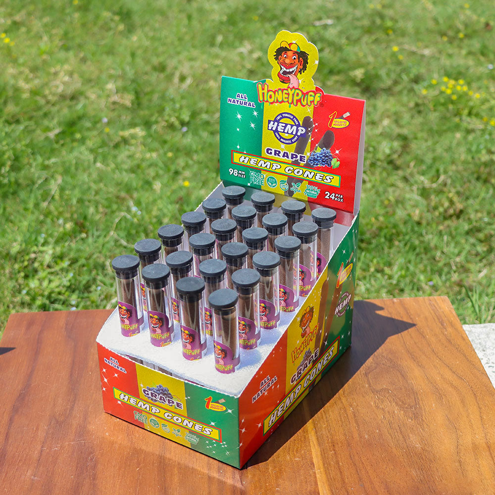HONEYPUFF 98 mm Grape Flavored Pre Rolled Cones, Wood Tips Rolling Cones & Glass Cigarette Holder, 1 PCS /Tube 24Tubes / Box