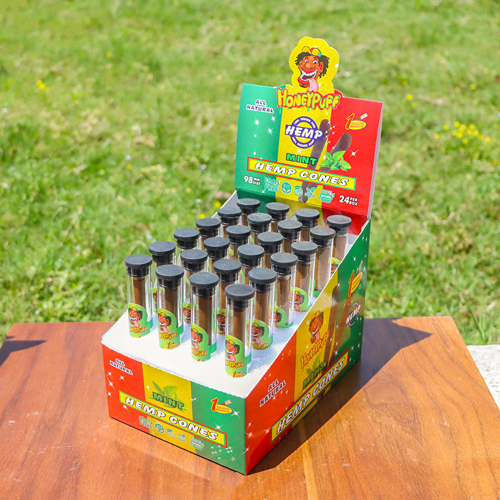 HONEYPUFF 98 mm Mint Flavored Pre Rolled Cones, Wood Tips Rolling Cones & Glass Cigarette Holder, 1 PCS /Tube 24Tubes / Box
