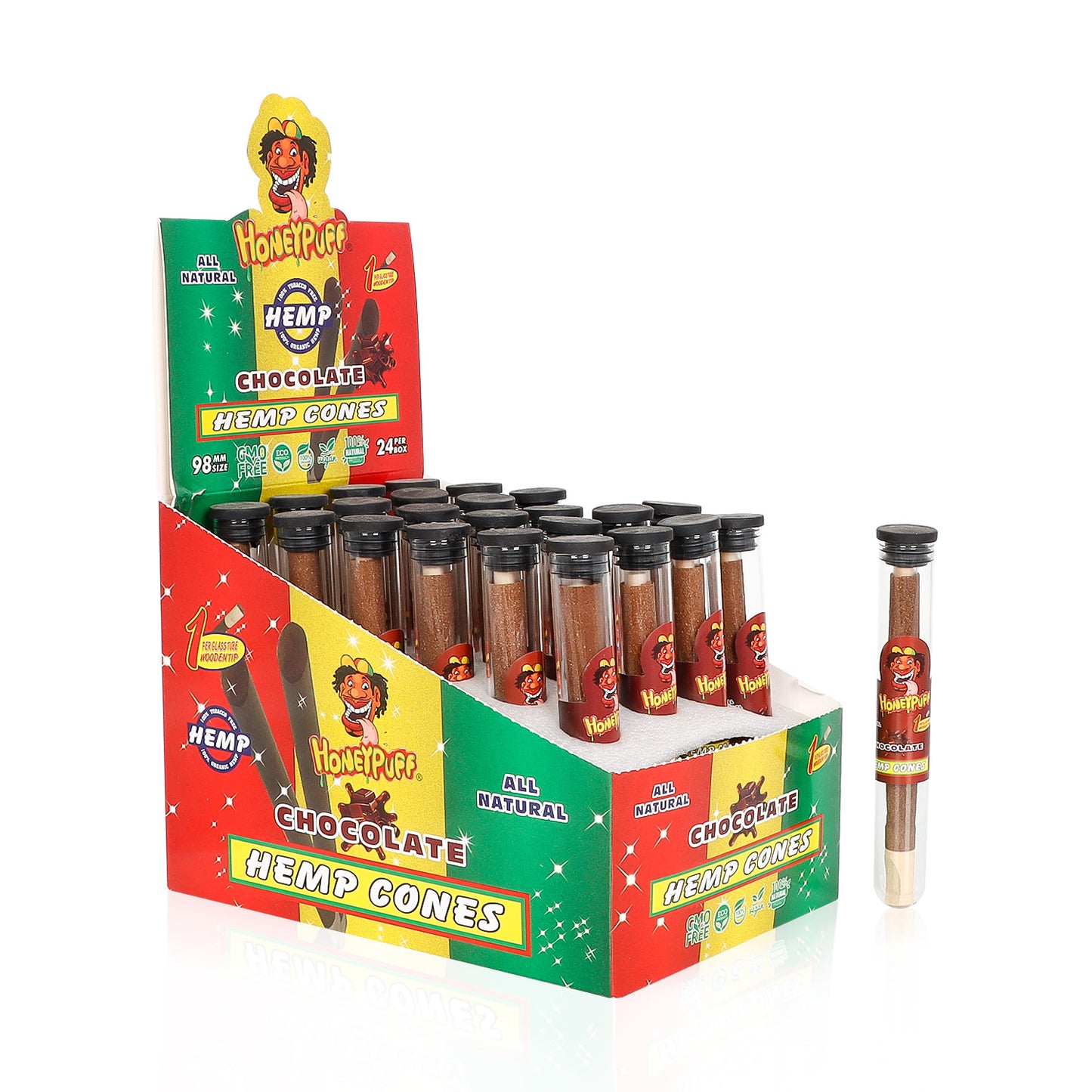 Cônes pré-roulés au chocolat Honeypuff 98 mm, cônes à rouler avec embouts en bois et porte-cigarette en verre, 1 tube, 24 tubes par boîte