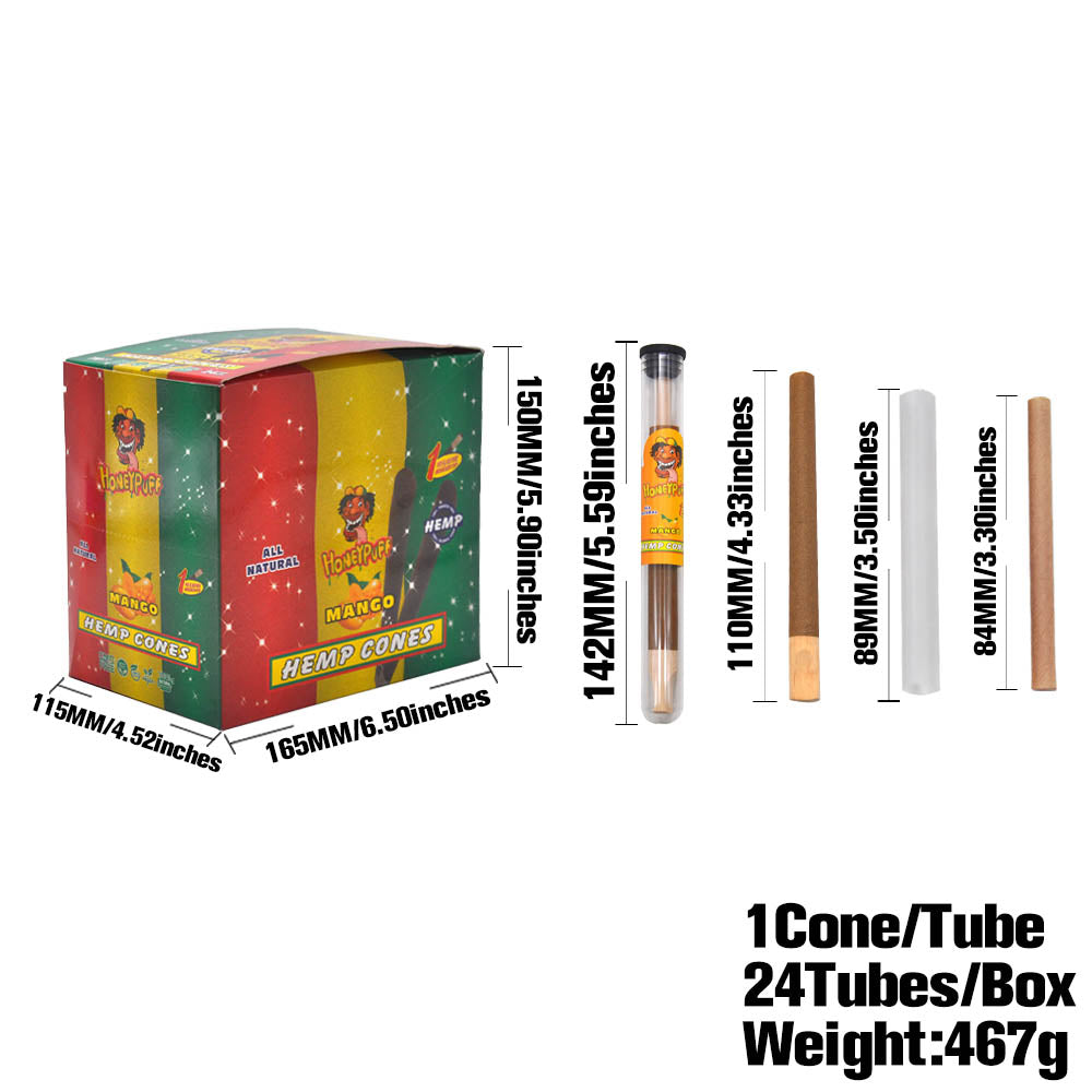 HONEYPUFF Honey Flavors Pre Rolled Cones with Wood Tips, King Size Rolling Paper & Glass Cigarette Holder, Slow Burning Rolling Cones, 1 PCS/ Tube 24 Tubes/Box