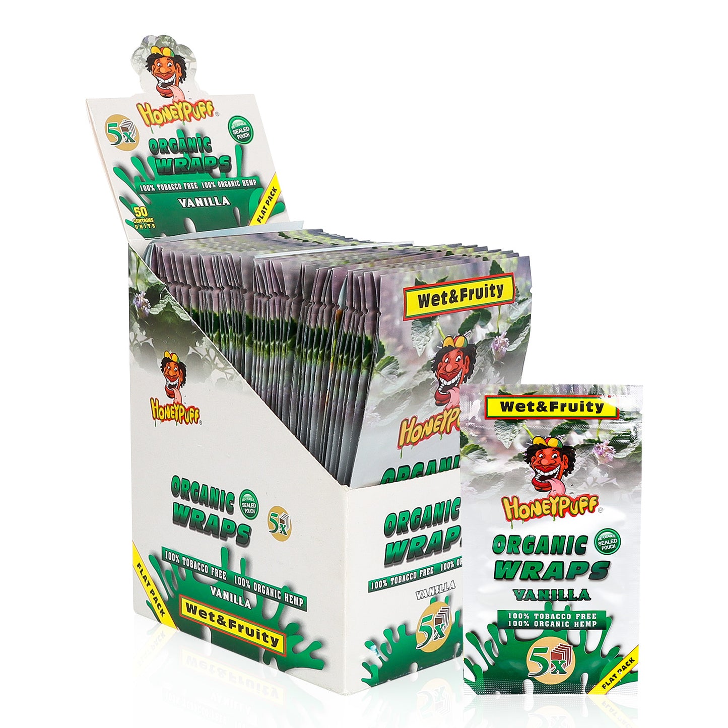 HONEYPUFF Vanilla Flavored Rolling Papers, King Size Cigarette Rolling Paper & Resealable Zip Pack, 5 Pieces / Pack 50 Packs / Box