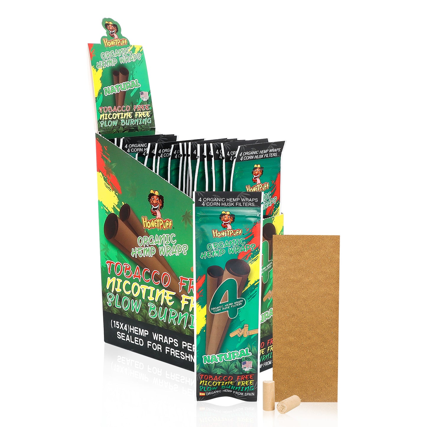 HONEYPUFF Organic Flavors Rolling Papers, King Size Cigarette Rolling Paper with Tips, Slow Burning Rolling Paper & Biodegradable, 4 Pieces / Pack 15 Pack / Box