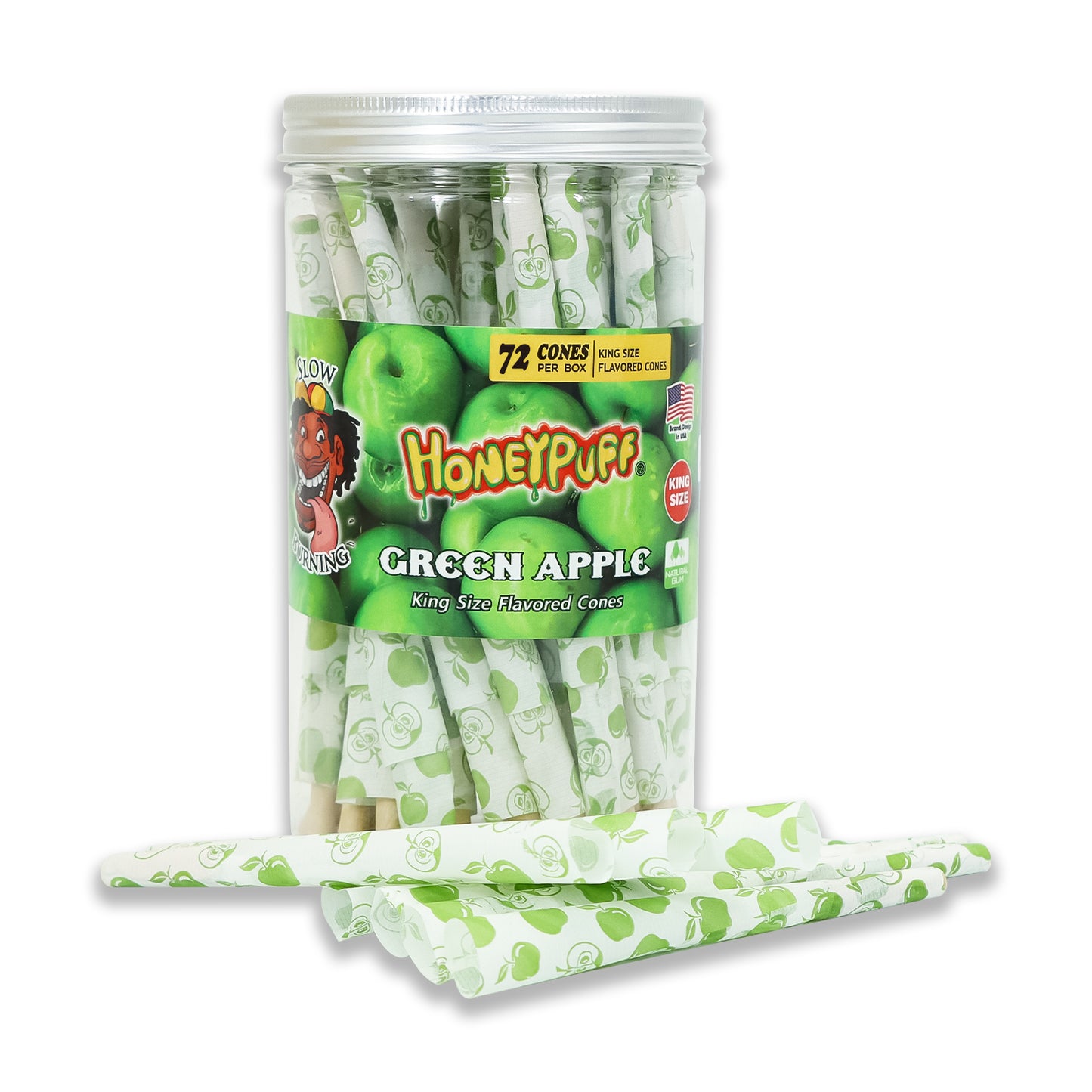 HONEYPUFF Green Apple Flavored Pre Rolled Cones, King Size Rolling Cones with Tips, 72 Pcs Pre Rolled Rolling Paper, Slow Burning Rolling Papers