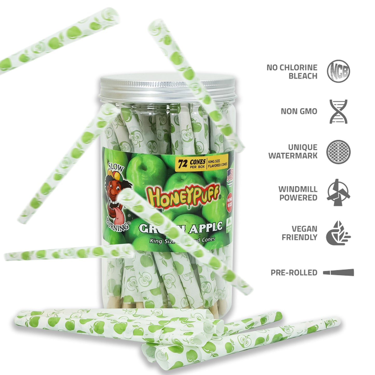 HONEYPUFF Green Apple Flavored Pre Rolled Cones, King Size Rolling Cones with Tips, 72 Pcs Pre Rolled Rolling Paper, Slow Burning Rolling Papers