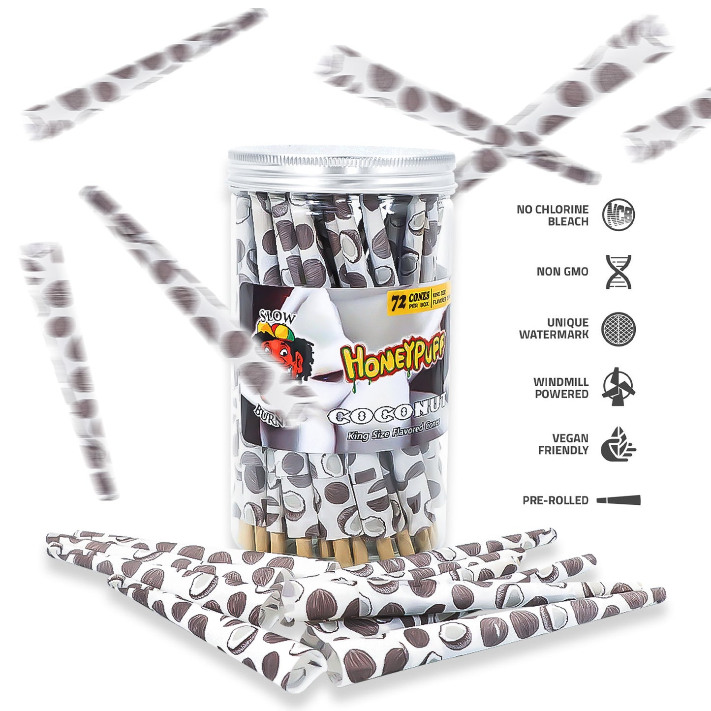 HONEYPUFF Kokosnussgeschmack Vorgerollte Tüten, King Size Vorgerolltes Zigarettenpapier, Natürliches Zigarettenpapier mit Tips, 72 Tüten