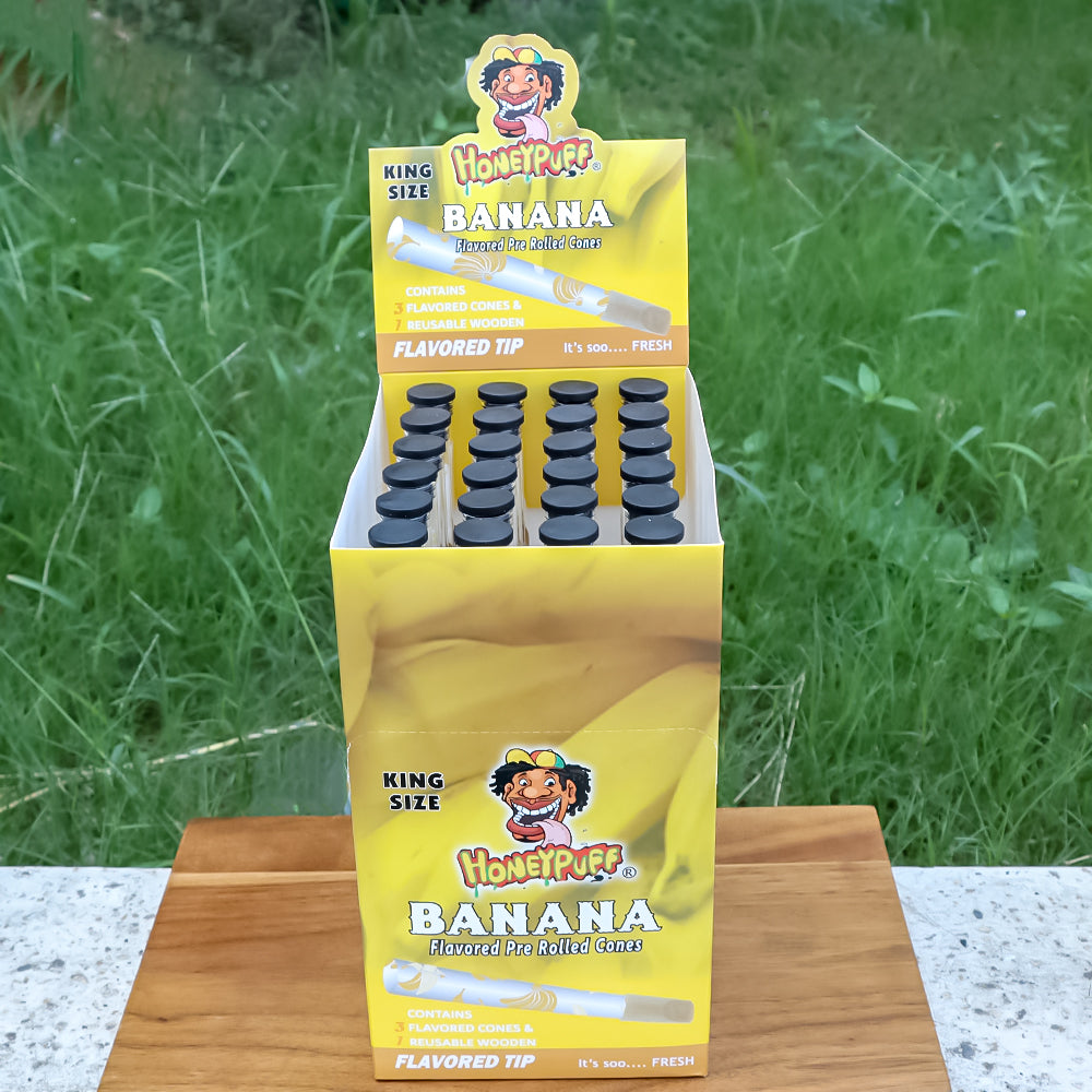 HONEYPUFF Banana Flavors Pre Rolled Cones With Wood Tips, King Size Rolling Paper & Glass Cigarette Holder Slow Burning Rolling Cones