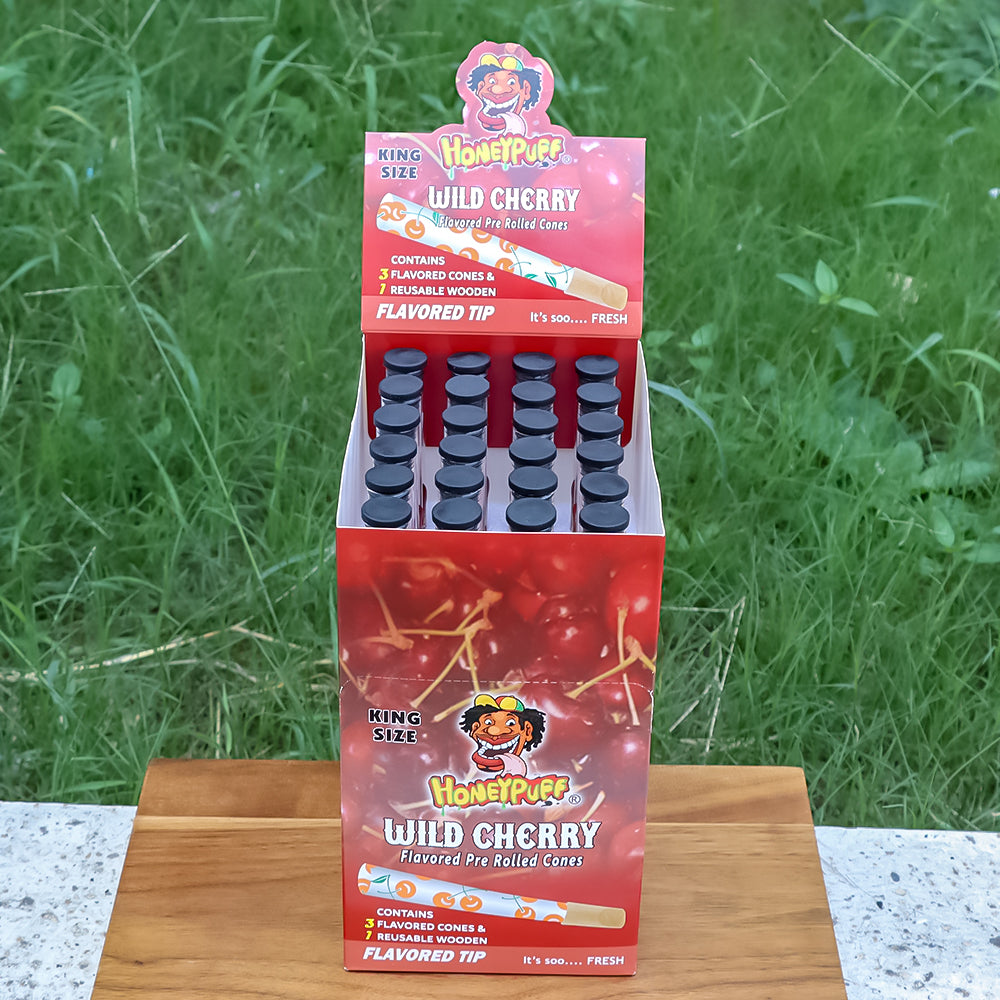 HONEYPUFF Cherry Flavors Pre Rolled Cones With Wood Tips, King Size Rolling Paper & Glass Cigarette Holder Slow Burning Rolling Cones