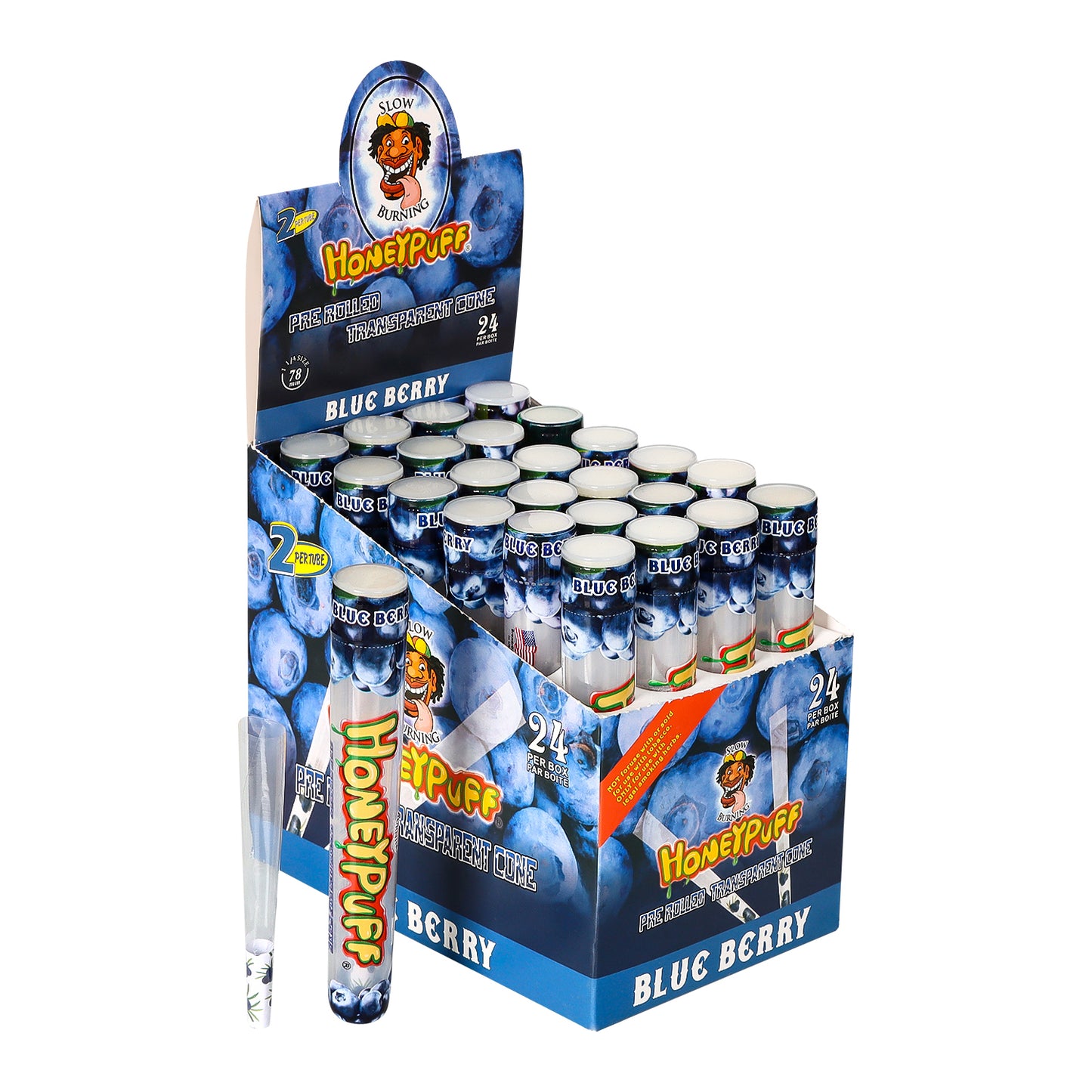 HONEYPUFF 1 1/4 Größe, Blaubeergeschmack, vorgerollte Tüten, transparente Zigarettenpapiere, 2 Stück/Tube, 24 Tuben/Box