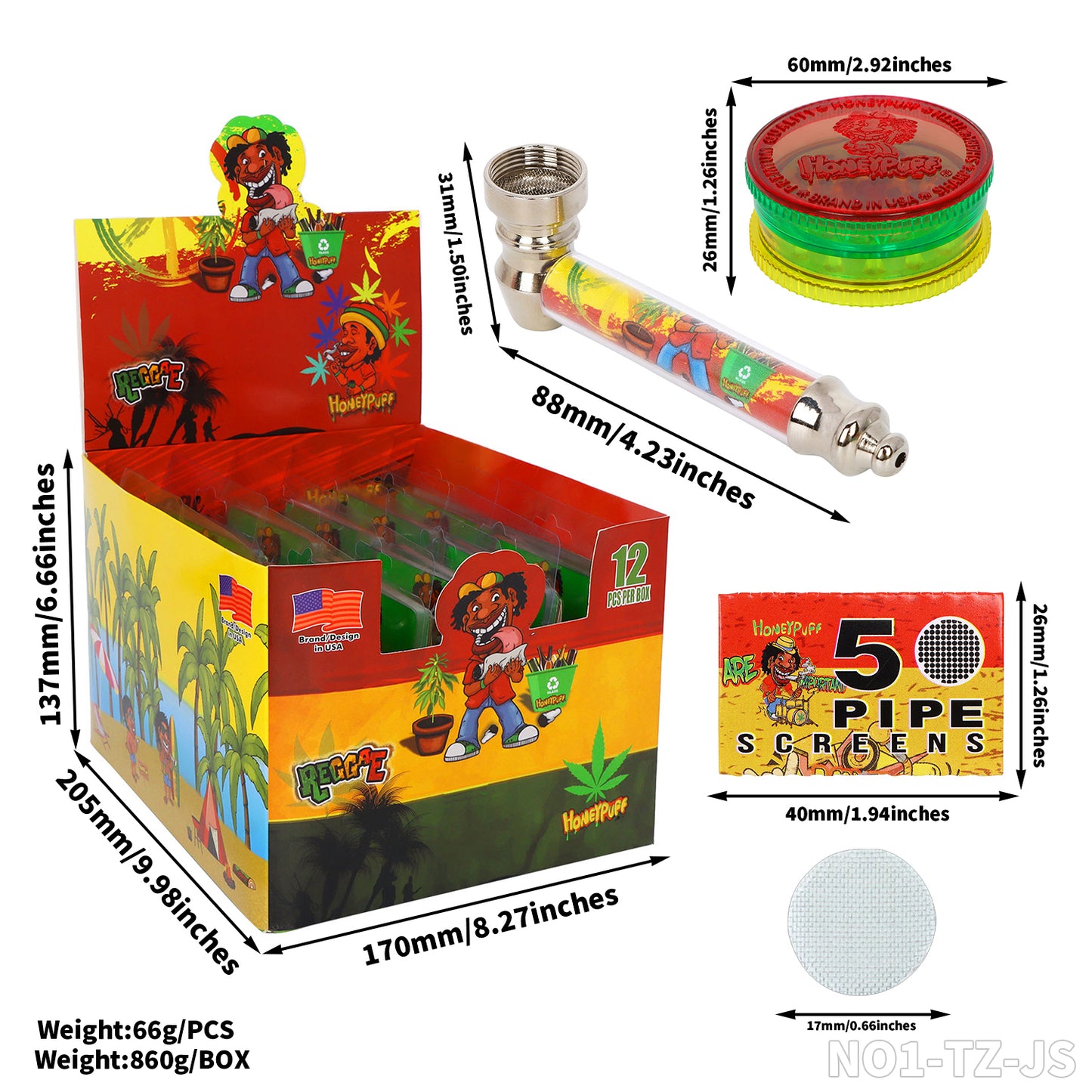 Honeypuff smoking kit with 60mm 3 parts plastic griner+metal pipe