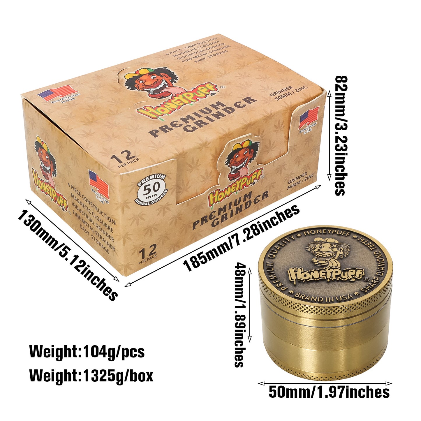 HONEYPUFF 50MM Herb Grinder 4 Layers Zinc Alloy Metal Dry Herb Tobacco Weed Grinder Crusher, kief catcher