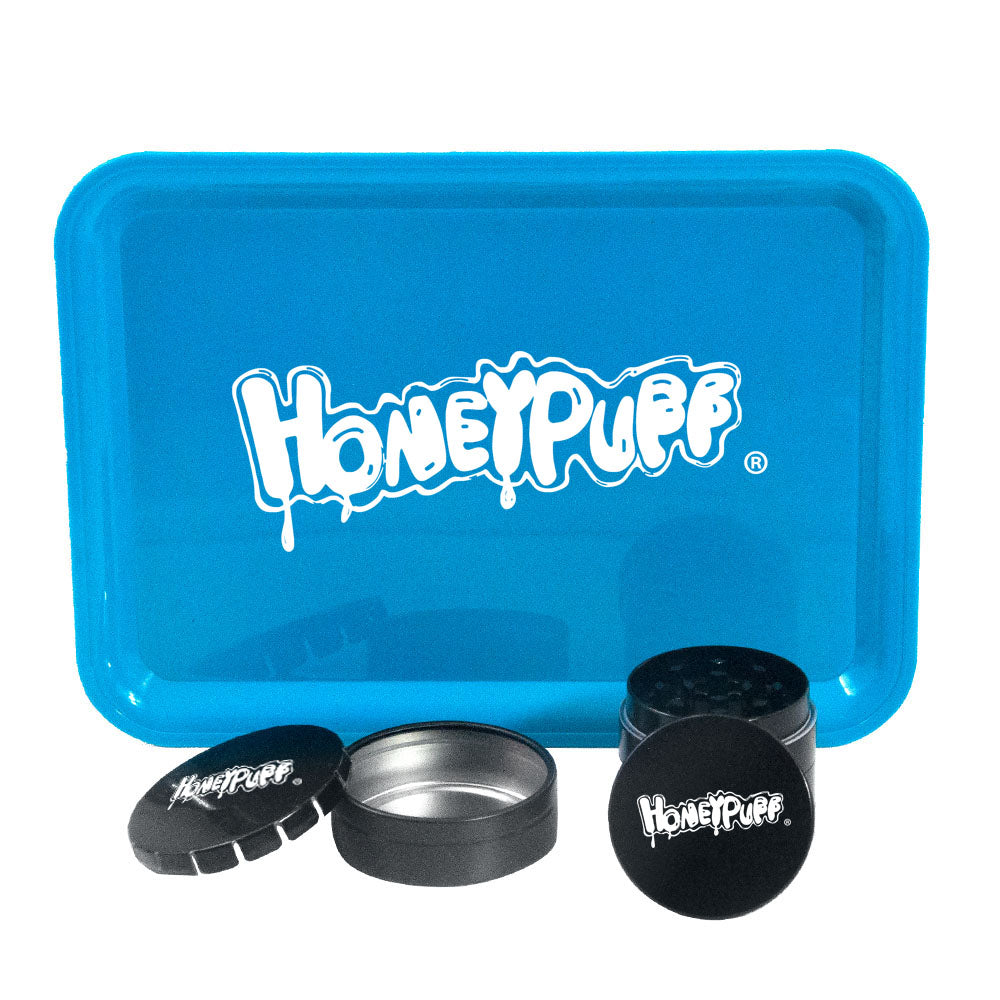 HONEYPUFF Cigarette tray Set, 3-piece cigarette accessory set, plastic plate, tin box, zinc alloy metal smoke grinder