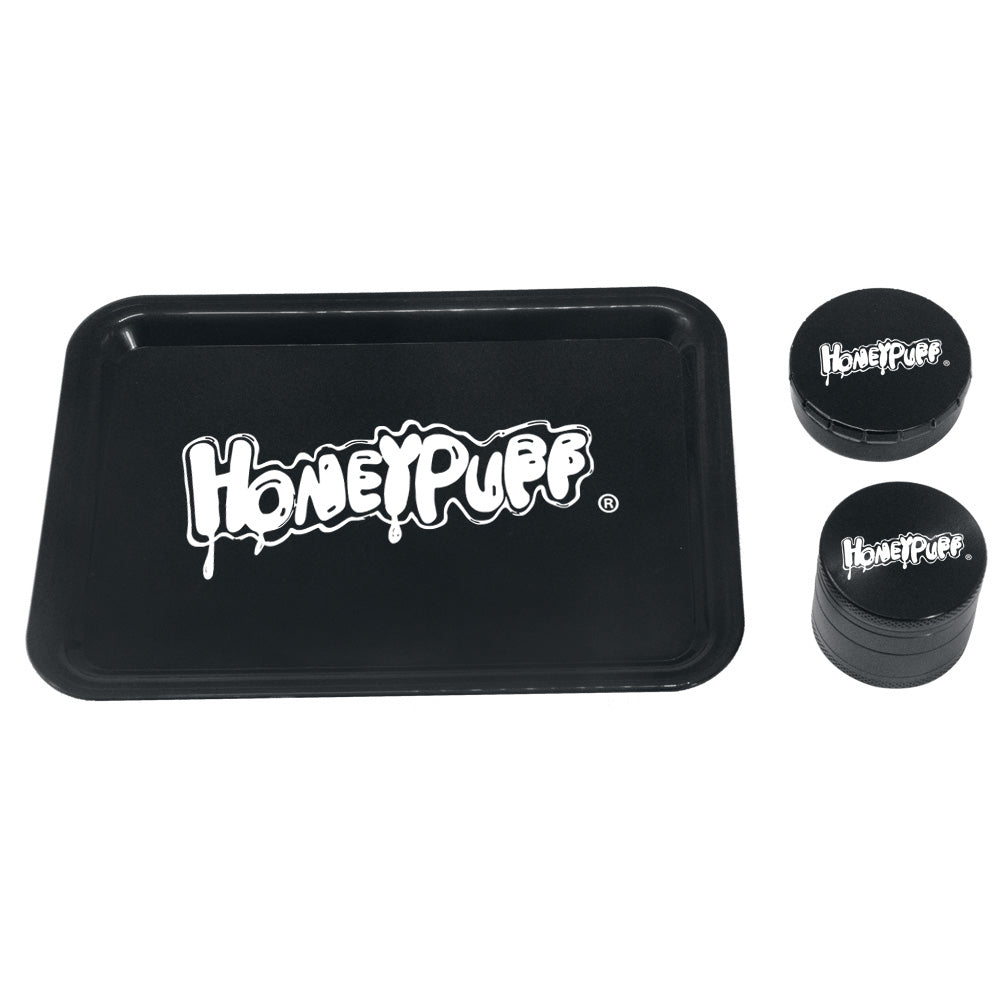 HONEYPUFF Cigarette tray Set, 3-piece cigarette accessory set, plastic plate, tin box, zinc alloy metal smoke grinder