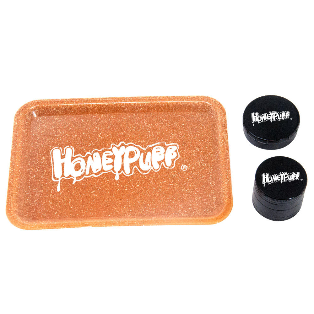HONEYPUFF Zigarettentablett-Set, 3-teiliges Zigarettenzubehör-Set, Kunststoffplatte, Blechdose, Rauchmühle aus Zinklegierung