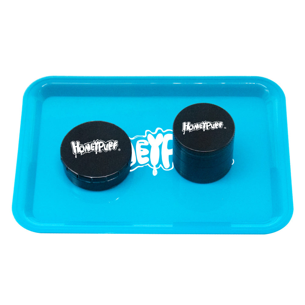 HONEYPUFF Cigarette tray Set, 3-piece cigarette accessory set, plastic plate, tin box, zinc alloy metal smoke grinder