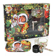 Load image into Gallery viewer, HONEYPUFF Rolling Tray Kit, 7” x 5.5 “ Size Metal Tolling Tray, 4 Lay Zinc Alloy Herb Grinder, Skull Shape Glass Ashtray, Glass Tobacco Pipe With Metal Bowl