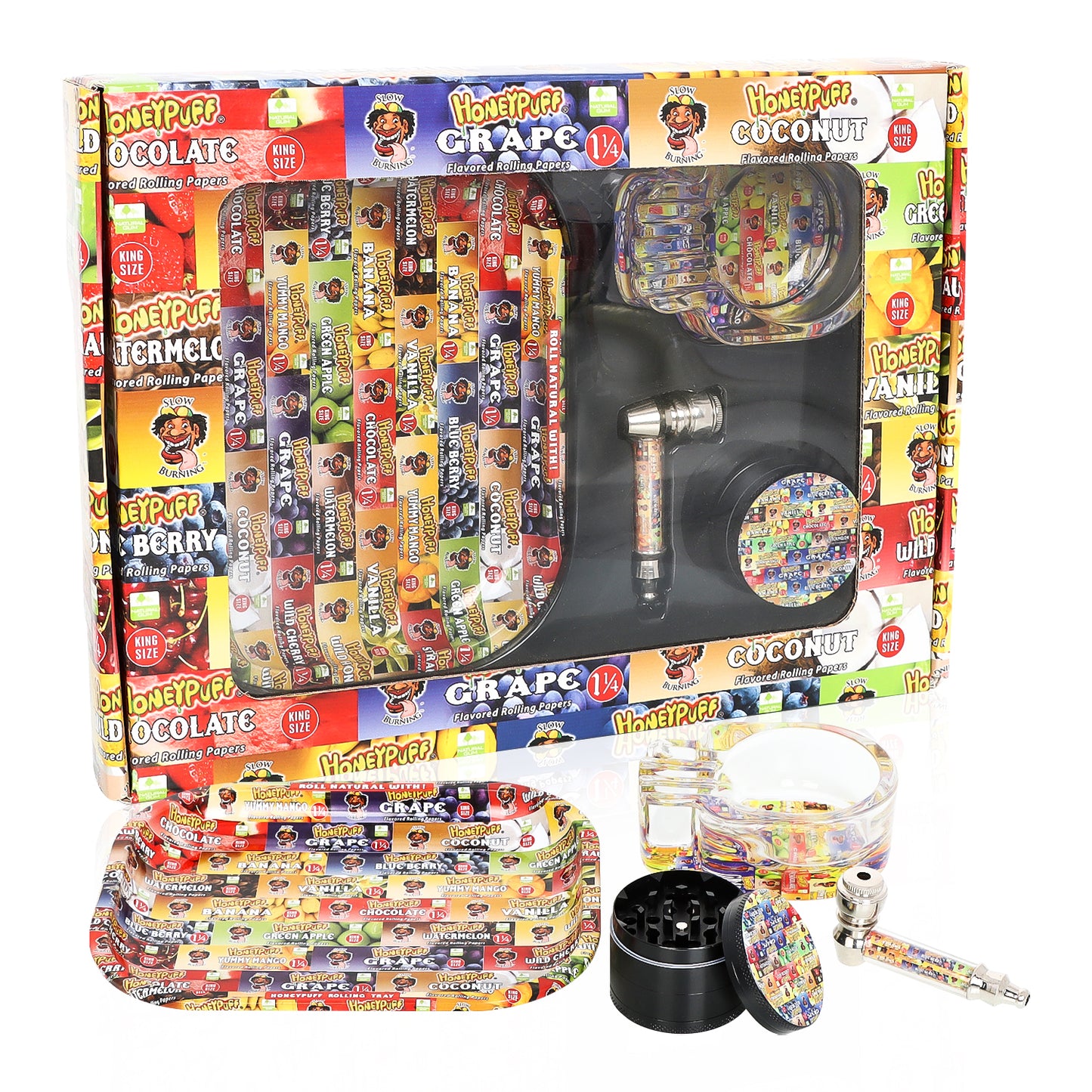 Kit de plateau à rouler Honeypuff, plateau en métal de 18 x 14 cm, broyeur à herbes 4 couches en alliage de zinc, cendrier en verre en forme de tête de mort, pipe à tabac en verre avec foyer en métal