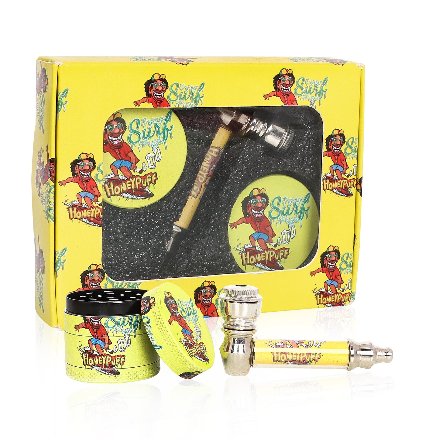 HONEYPUFF Yellow Package Tobacco Pipe Kit, Glass Smoking Pipe With Metal Blow & 4 Lay Tobacco Grinder