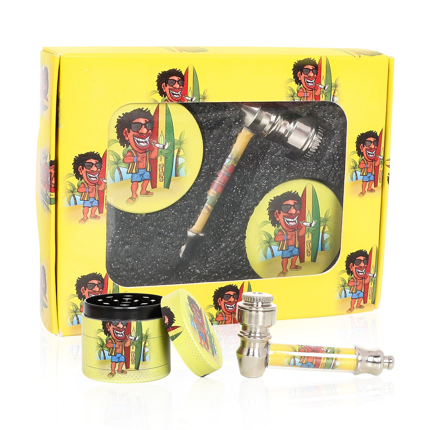 HONEYPUFF Yellow Package Tobacco Pipe Kit, Glass Smoking Pipe With Metal Blow & 4 Lay Tobacco Grinder