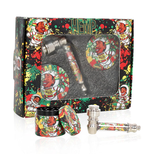 HONEPUFF Kräutermühlen-Set, Glaspfeife mit Metallblasgerät und 4-lagiger Tabakmühle