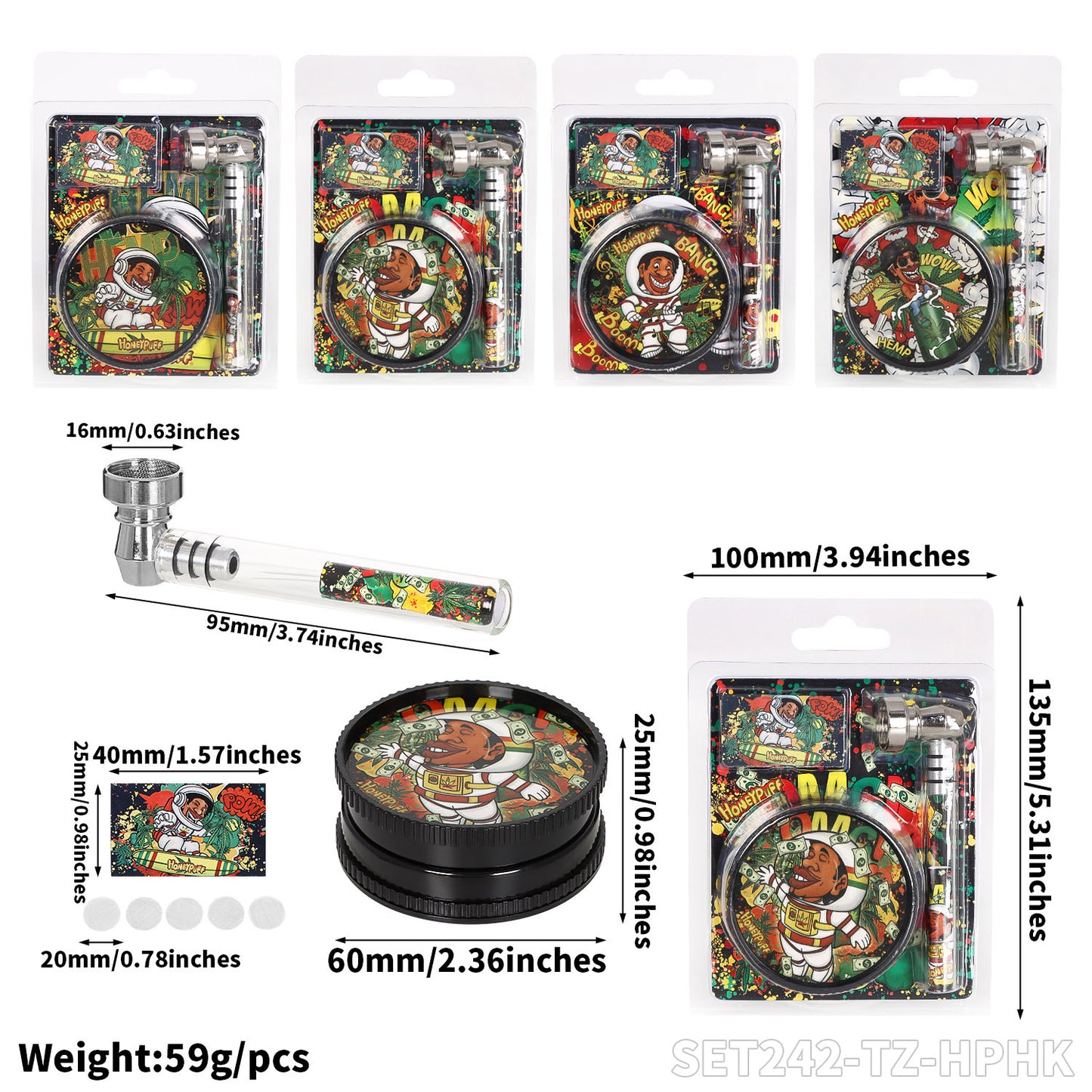 HONEYPUFF 60mm 3-layer plastic cigarette grinder+pipe+filter 12 pieces/display box